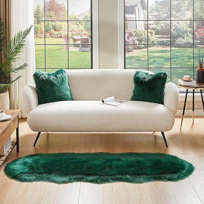 AMTOVO Faux Sheepskin Rug, Dark Green Ultra Soft Fluffy Shag Area Rug, 2 x 6 ft Faux Fur Rug for Bedroom Sofa Throw Cushion Room Decor, Sheepskin-Ruum Studio Home