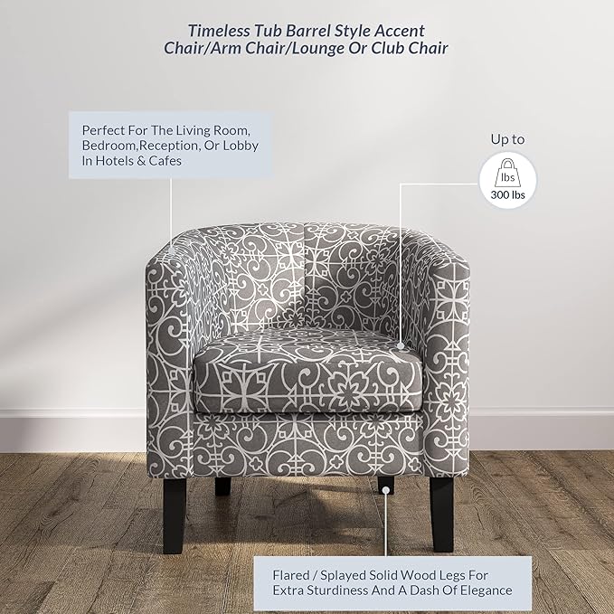 BELLEZE Accent Barrel Chair, Linen Round Chair Club Tub Sofa Corner Chair with Flared Legs and Cozy Soft Padding for Living Room Bedroom Waiting Room - White & Gray-Ruum Studio Home