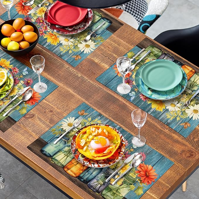 Rustic Daisy Placemats Set of 4 Vintage Flower Vases Wood Grain Linen Table Mats 12x18 Inch Summer Floral Wooden Board Farmhouse Washable Place Mat for Party Kitchen Dining Outdoor Indoor Decor-Ruum Studio Home