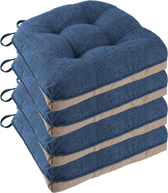 Non Slip Chair Cushions for Dining Chairs Set of 4 Kitchen Chair Cushions 18"x18"x3" Turfted Chair Pads Comfortable and Soft Seat Cushion with Ties, Royal Blue-Ruum Studio Home