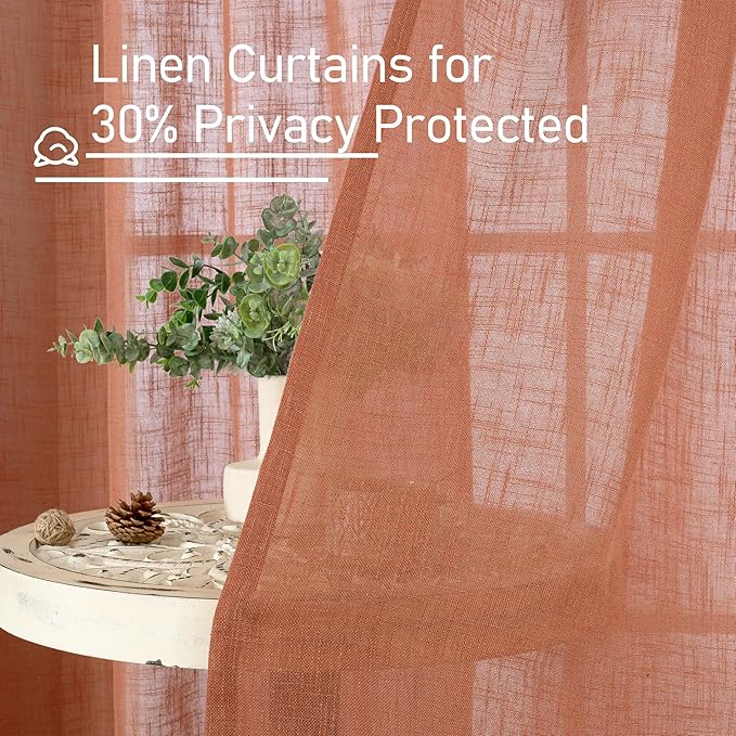 LAMIT Semi Sheer Linen Curtains 45 Inch Length, Terracotta Light Filtering Fall Decor Short Window Curtains with Bronze Grommet for Bedroom/Farmhouse, 2 Panels Set, 52 x 45 Inch-Ruum Studio Home