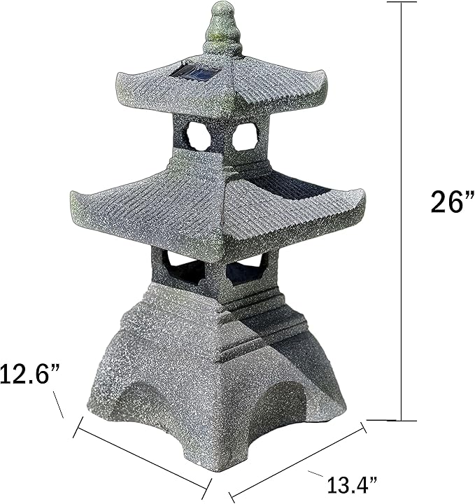 Galt International 2 Tier Pagoda Garden Statue LED Solar Powered Light 26" Tall Outdoor Zen Garden Lantern Landscape Lawn Asian Pagoda Stupa Decor Grey Resin-Ruum Studio Home