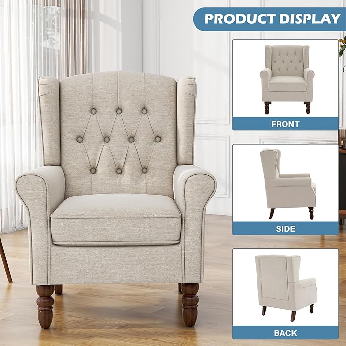 UIXE High Back Accent Chair, Upholstered Armchair in Fabric for Living Room, Retro Wingback Arm Chair Comfy Single Sofa Bedroom Reading Seat with Solid Wood Legs - Beige-Ruum Studio Home