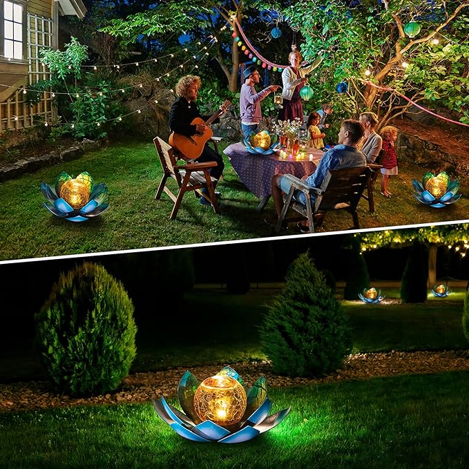 Solar Light Outdoor(2Pack), Art Crackle Globe Glass Lotus Decoration, Solar LED Waterproof Blue Metal Flower Lights for Patio,Lawn,Walkway,Tabletop-Ruum Studio Home