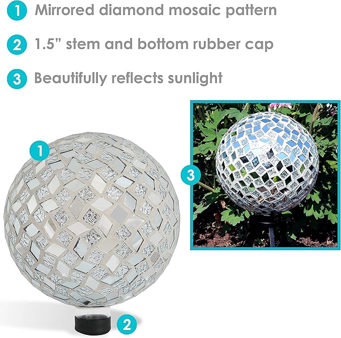 Sunnydaze 10-inch Gazing Ball for Garden - Crackled Glass Mosaic Gazing Globe for Outside - Mirrored Diamond Mosaic-Ruum Studio Home