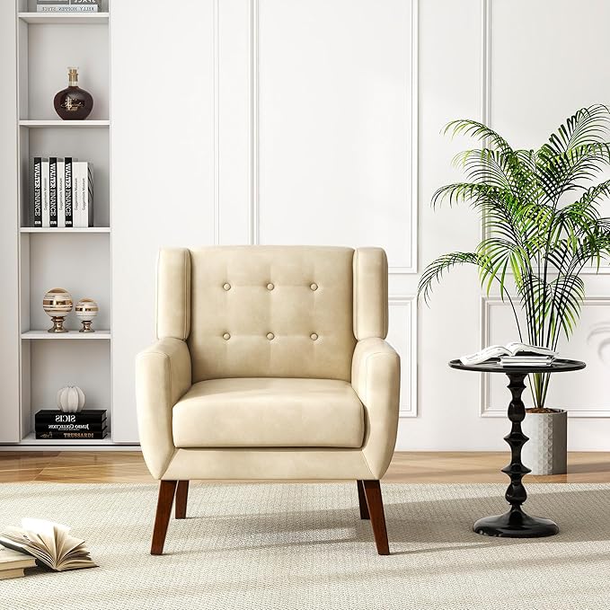 UIXE Faux Leather Accent Chair, Modern Arm Club Chair Upholstered Armchair for Living Room, Comfy Single Sofa Seats Button Tufted Reading Seating, Cream-Ruum Studio Home