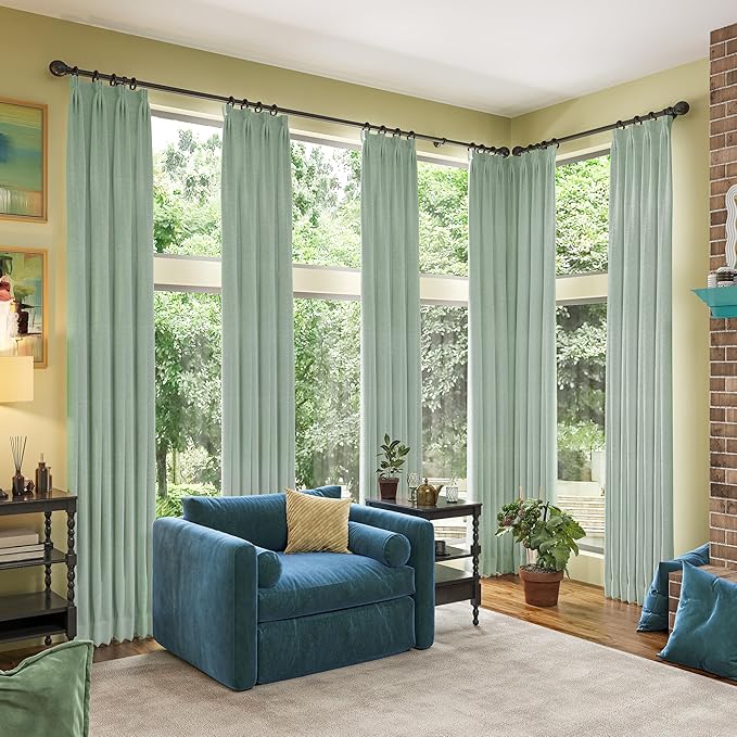 RAIN CITY Light Green Linen Blackout Curtains 102 Inch Long for Living Room,2 Panels Pinch Pleated Drape with Hooks Back Tab Boho Decor, Textured Full Black Out Curtains for Bedroom 50 x 102-Ruum Studio Home