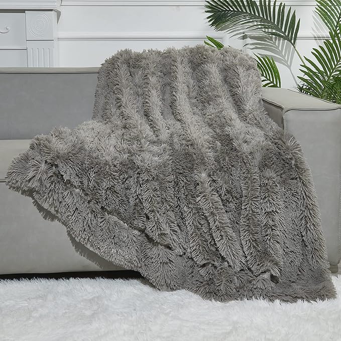 GONAAP Fuzzy Faux Fur Throw Blanket Twin Size Light Grey Super Soft Cozy Plush Fuzzy Shaggy Blanket for Couch Sofa Bed (Light Grey, Twin(60"x80"))-Ruum Studio Home