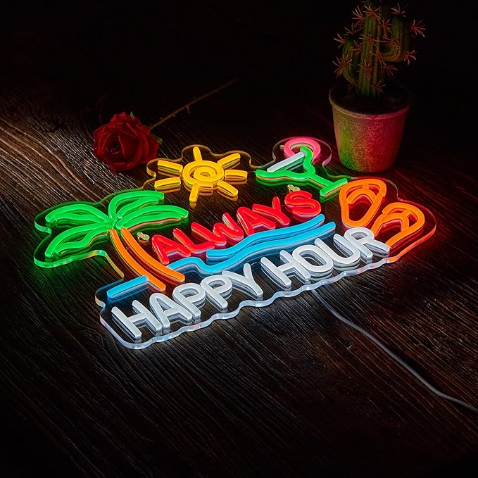 Always Happy Hour Beer Bar Neon Sign for Wall Décor Dimmable USB LED Neon Light for Home Tiki Bar Decor Man Cave Parties Gift-Ruum Studio Home