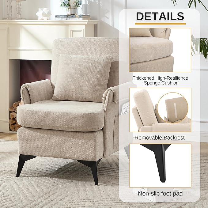 KCC Mid-Century Accent Chairs,Chenille Modern Upholstered Single Sofa,Cozy Armchair with Back for Bedroom/Office/Cafe,Begie-Ruum Studio Home