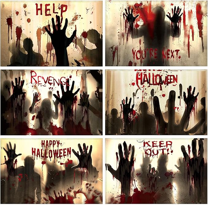 Umigy 6 Pcs Halloween Placemats 12"x18" Gothic Bat Placemats Kitchen Decoration Washable Witch Place Mats Rectangle Skull Table Mats for Halloween Dining Table Accessories (Bloody Hands Style)-Ruum Studio Home