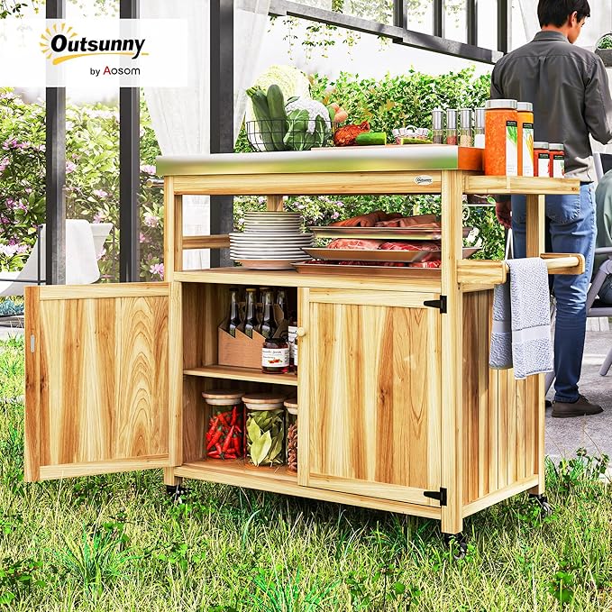 Outsunny Outdoor Grill Cart with Wheels and Storage, Solid Wood Outdoor Kitchen Island with Stainless Steel Top, Movable Bar Cart with Spice Rack, Side Handle, Integrated Hole for BBQ, Natural Wood-Ruum Studio Home