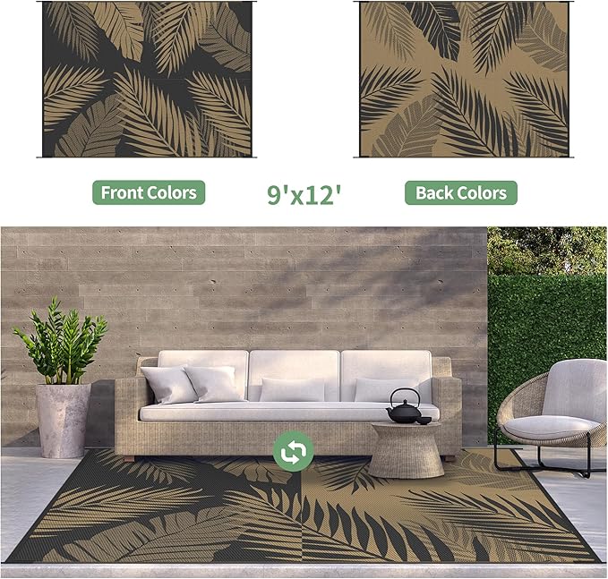 GENIMO Outdoor Rug 9' x 12' Waterproof for Patios Clearance, Reversible Outdoor Plastic Straw Camping Rug Carpet, Large Area Rugs Mats for RV, Camper, Deck, Balcony, Porch, Beach, Picnic, Black&Brown-Ruum Studio Home