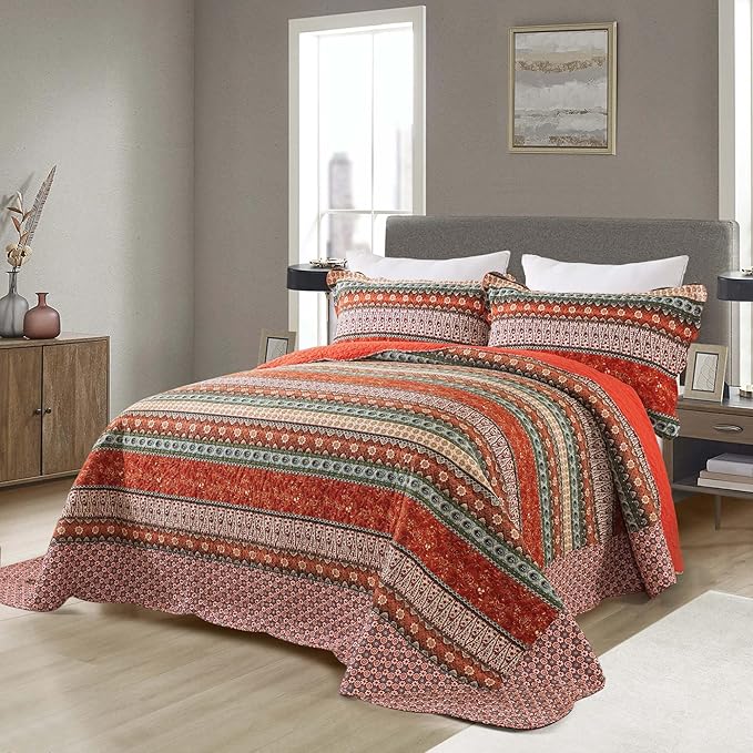 NEWLAKE Cotton Bedspread Quilt Sets - Reversible Patchwork Coverlet Set, Red Striped Jacquard Pattern, California King Size-Ruum Studio Home