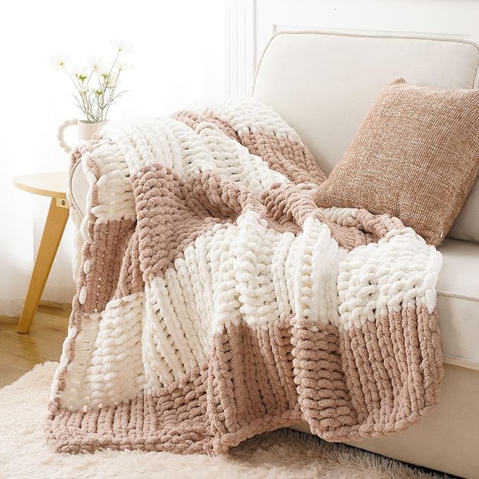 Battilo Chunky Knit Throw Blanket, Soft and Thick Chenille Throw Blanket, 50"x60" Handmade Cable Knit Crochet Blanket, Large Rope Knot Throw Blankets for Couch Sofa Bed Home Decor, Blush & White-Ruum Studio Home