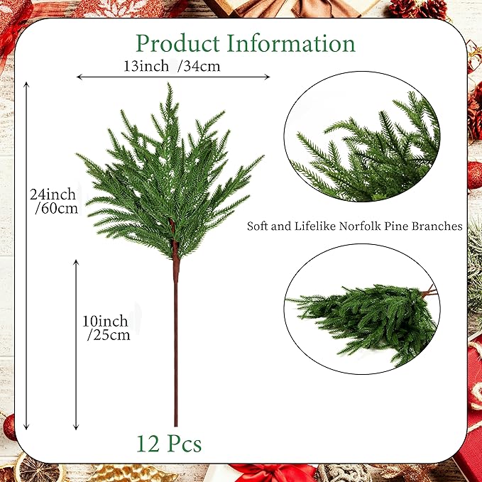 12Pcs Artificial Norfolk Pine Branches 24" Plastic Christmas Plants Decor Faux Greenery Stems Pine Picks Outdoor Faux Plants UV Resistant for Xmas Indoor, Front Porch Home Décor (12, 24inch)-Ruum Studio Home