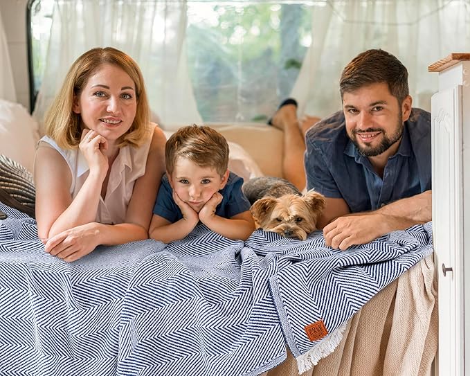 Gold Case Throw Blanket for Bed – 100% Recycled Turkish Cotton Bed Blanket – Decorative Throw Cotton Blankets for Living Room & Bedroom – Retro Navy Blue Woven Queen Blankets – 90x90-Ruum Studio Home