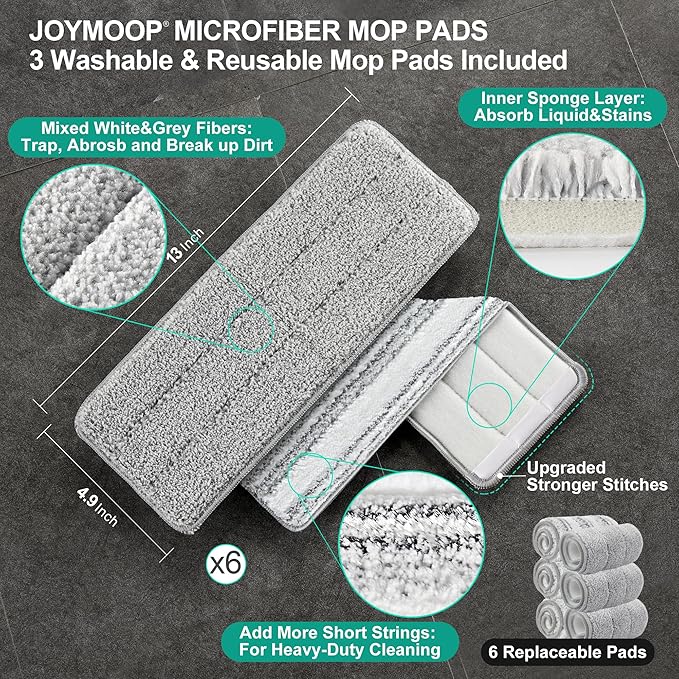 JOYMOOP Mop and Bucket with Wringer Set, Hands Free Flat Floor Mop and Bucket, 60" Mop with 6 Reusable Microfiber Pads, Wet and Dry Use, Floor Cleaning System-Ruum Studio Home