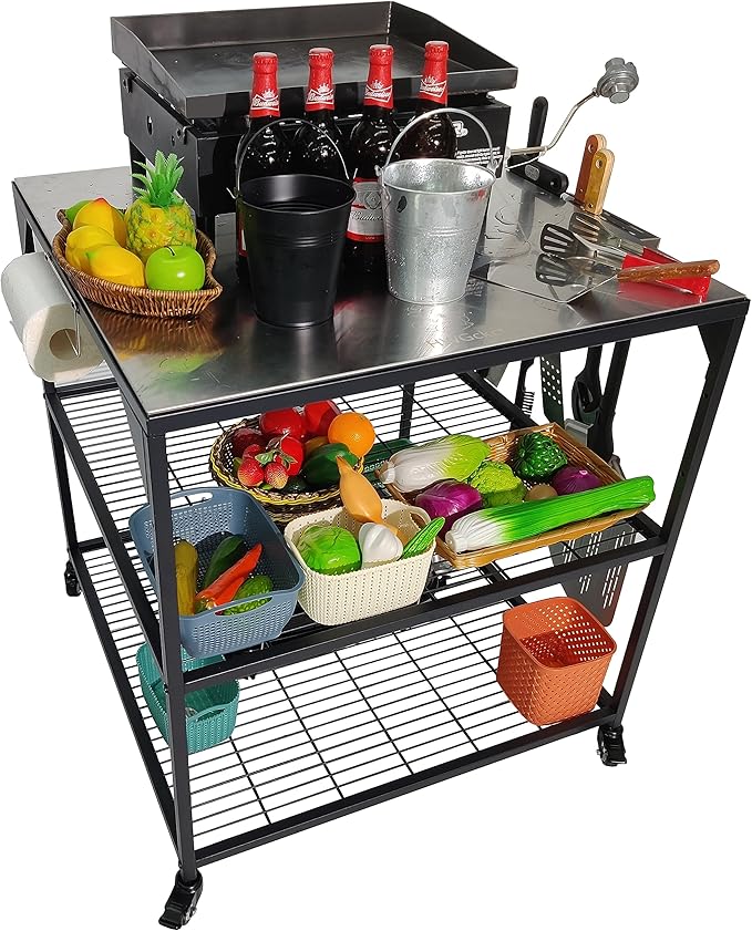 Stainless Steel 3-Tier Mobile Cart for Outdoor Grills & Pizza Ovens-Ruum Studio Home
