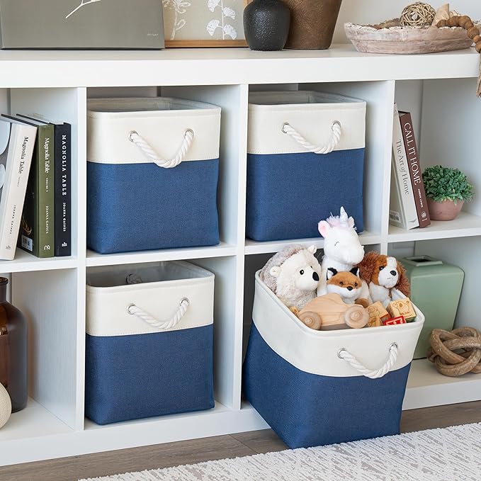 OrganiHaus 11x11 Cube Storage Bins 4 Pack, Foldable Cube Storage Organizer w/ Rope Handles, Collapsible Fabric Bins for Toys, Clothes & Closet Organization, Fabric Square Baskets - Navy Blue-Ruum Studio Home