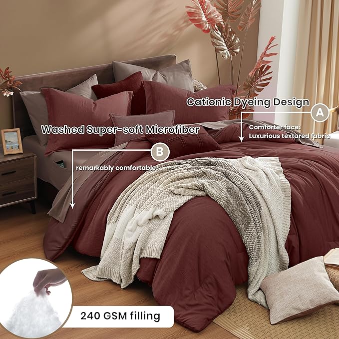 Monbix Queen Comforter Set - 7 Pieces Cationic Dyeing Dark Red Bed in a Bag Queen Bedding Sets with Comforter, Sheets, Pillowcases & Shams, Reversible Bedding Comforters Sets-Ruum Studio Home