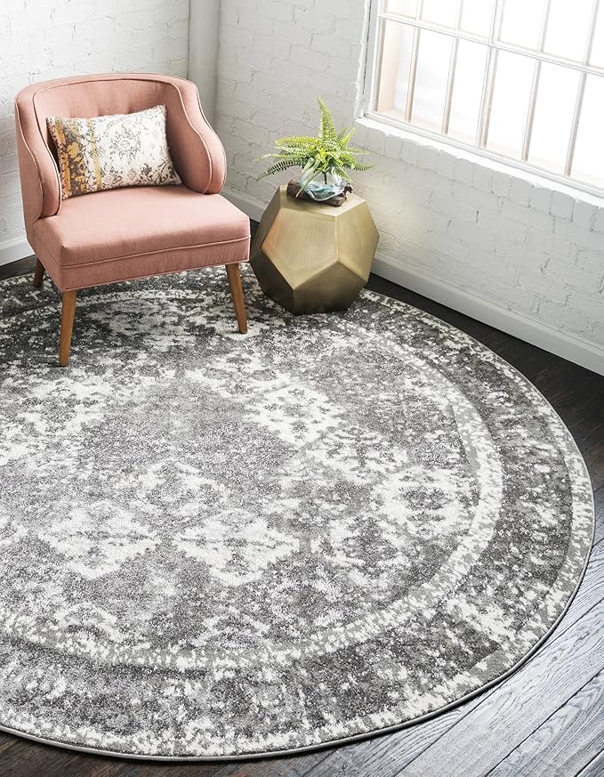 Unique Loom Rosso Collection Vintage, Traditional, Bohemian, Geometric, Distressed, Southwestern Area Rug, 8' 0" x 8' 0", Gray/Ivory-Ruum Studio Home