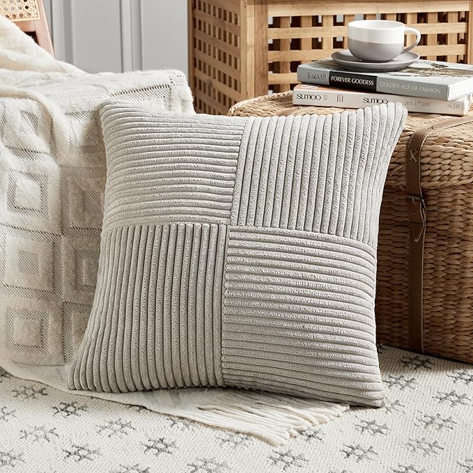 Fancy Homi 2 Packs Neutral Grey Decorative Throw Pillow Covers 18x18 Inch for Living Room Couch Sofa, Rustic Farmhouse Boho Home Decor, Soft Corss Corduroy Patchwork Textured Square Cushion Case 45cm-Ruum Studio Home