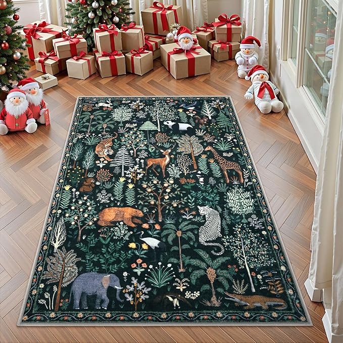 OJIA Jungle Print 5x7 Area Rugs for Living Room, Green Soft Washable Rugs for Bedroom Ultra-Thin Non-Slip Modern Rug, Stain Resistant Nursery Rug Carpet for Kids Playroom Nursery Dining Room-Ruum Studio Home