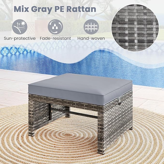 Tangkula 2 Pieces Patio PE Rattan Ottomans, Multipurpose Outdoor Footstool Footrest Additional Seating Side Table with Soft Zippered Cushions for Deck, Garden, and Yard (Gray)-Ruum Studio Home