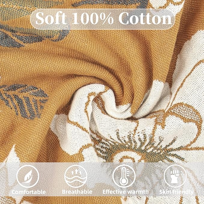 Boho Throw Blanket for Bed - 100% Pure Cotton Ultra Soft Rustic Quilt - Farmhouse Decor Bed Blankets, All Season Rustic Throw for Sofa Couch Chair(80''x 90'', Flower Branch 2)-Ruum Studio Home