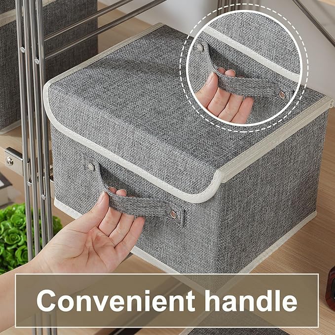 Storage Boxes, Collapsible Storage Bins with Lids, Cotton and linen cloth Storage Baskets with Handle, for Books, Closet, Bedroom, Home, 10.2x7.9x6.7 in, Grey-Ruum Studio Home