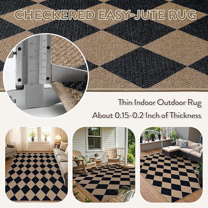 Lahome Checkered Easy Jute Outdoor Rug, 5x7 Area Rugs for Living Room Nature Large Dining Room Carpet, Farmhouse Outdoor Patio Non Slip Diamond Carpet for Home Office Bedroom Backyard Deck-Ruum Studio Home