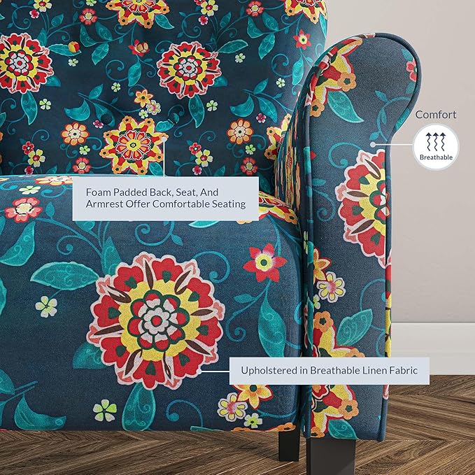BELLEZE Modern Accent Chair for Living Room, High Back Linen Armchair with Wooden Legs, Upholstered Wingback Side Chair Padded Armrest Single Sofa for Living Room, Bedroom - Allston (Blue & Flower)-Ruum Studio Home