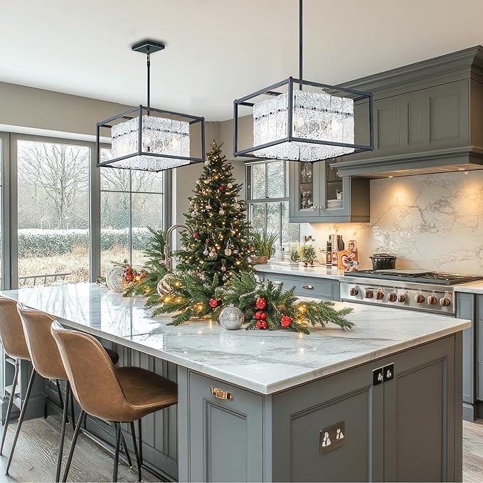 IKK Modern Foyer Chandelier, Black Crystal Chandelier for Dining Room, Square Entryway Light Fixture Hanging, Easily Adjustable Height Glass Chandeliers for Kitchen Island, Elegant Water Ripple-Ruum Studio Home