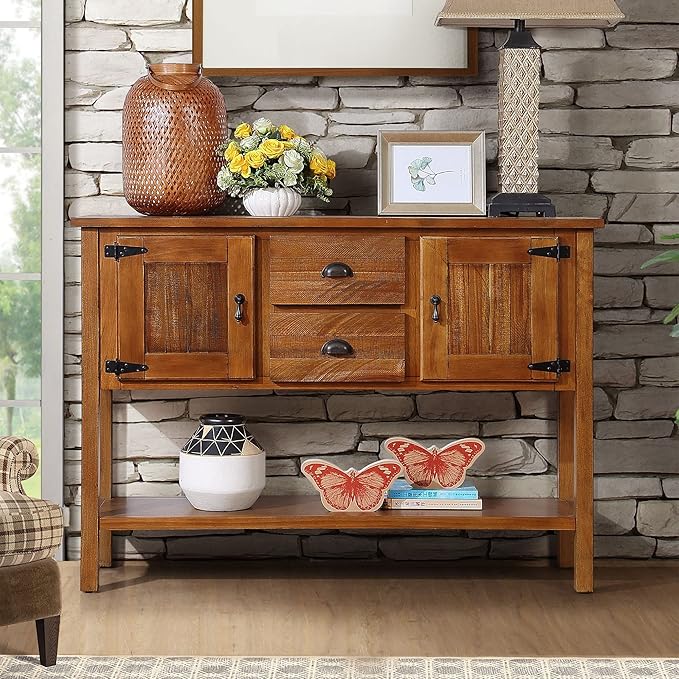Solid Wood Farmhouse Console Table,Sofa Table with Storage Drawers and Shelves,Entryway Table for Entry Hallway Foyer,Fully Assembled (48" Brown)-Ruum Studio Home