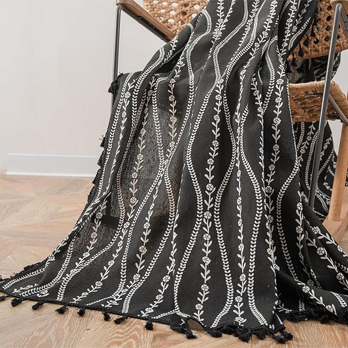 Sutuo Home Boho Curtains 96 Inches Long for Bedroom Living Room Kitchen, Stripe Floral Bohemian Tassels Country Window Treatment Drape for Halloween Decorations Rod Pocket, 1 Panel 59"W x 96"L,Black-Ruum Studio Home