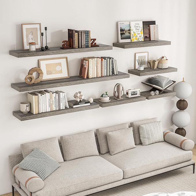 RICHFOCUS 24Inch Floating Shelves for Wall 2 Pack Shelves for Bedroom|Kitchen|Bathroom Wall Mounted Rustic Wood Floating Shelf with Invisible Brackets for Books|Storage|Decor, Grey-Ruum Studio Home