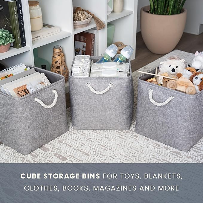OrganiHaus 13x13 Cube Storage Bins 4 Pack, Foldable Cube Storage Organizer w/ Rope Handles, Collapsible Fabric Bins for Toys, Clothes & Closet Organization, Fabric Square Baskets - Gray-Ruum Studio Home