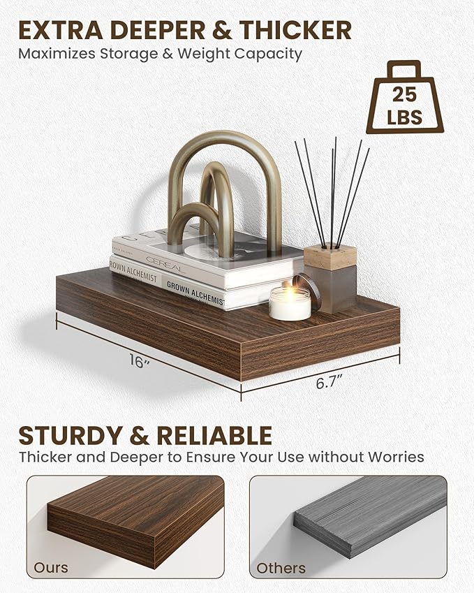 Marsmiles 16" Floating Shelves for Wall, Wooden Shelves with Invisible Brackets Set of 2, Rustic Farmhouse Wall Mounted Shelf for Kitchen Bathroom Living Room Study, Walnut-Ruum Studio Home