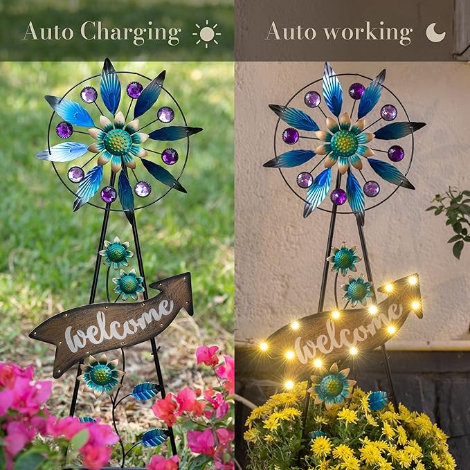 TERESA'S COLLECTIONS Peacock Garden Solar Stake, Wind Spinner Yard Art Sign for Outdoor Decor, Metal Purple Floral Windmill Decorative Garden Stake for Lawn Ornaments, Gifts for Mom, 37''-Ruum Studio Home