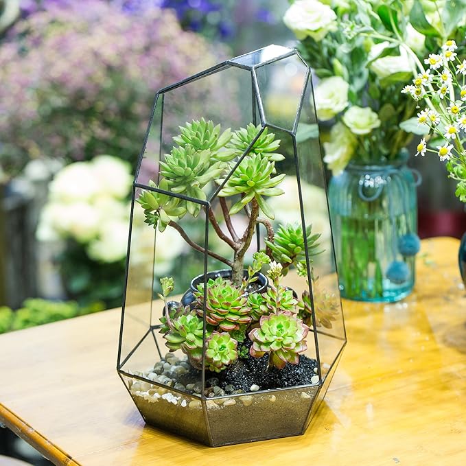 NCYP Large Geometric Terrarium - 16 Inches Tall Irregular Open Glass Terrarium Pot - Home Garden Tabletop Decoration Planter for Air Plants Succulents, Handmade (NO Plants, No Door)-Ruum Studio Home
