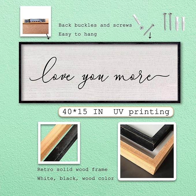 LuZhiQiang Love You More Sign Wall Decor 40"x15" for Master Bedroom Above Over Bed Large Simple Wood Framed Hanging Wall Art (Black)-Ruum Studio Home