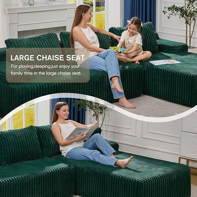 Hobestluk Modular Sectional Sofa Couches 108" L-Shape Couch 3 Seat Modular Sofa Memory Foam Sectional Couches for Living Room, Boneless Couch with Oversized Chaise (Green, Right Facing)-Ruum Studio Home