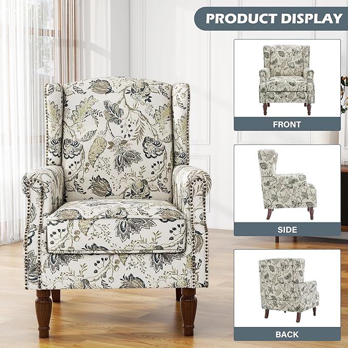 UIXE High Back Floral Accent Chairs Set of 2, Upholstered Armchair in Fabric, Retro Printed Wingback Arm Chair for Living Room, Nailhead Trim Single Sofa Bedroom Reading Seat - Plants Beige-Ruum Studio Home