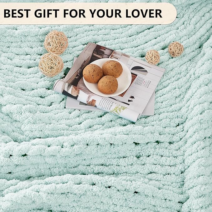 L'AGRATY Chunky Knit Blanket Throw: 50''x60'' Chenille Chunky Knitted Throw Blanket for Bed Couch - Handmade Thick Big Cable Knit Blanket - Large Crochet Rope Blanket for Home Decor(Mint Green)-Ruum Studio Home