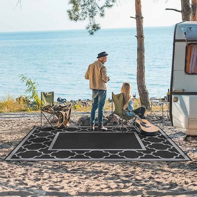GENIMO 8' x 10' Outdoor Rug Patio Waterproof, Reversible Plastic Straw Area Rugs Mat for Camper Decor, Outside Carpet for Camping, Rv, Deck, Porch, Picnic, Beach, Balcony, Black & Grey-Ruum Studio Home