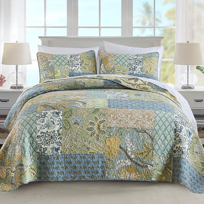 NEWLAKE Quilt Set Twin Size, 100% Cotton Patchwork Green Bohemian Quilt Sets, Reversible Bedspread Lightweight and Breathable for All Seasons, Soft Quilted Bedspread-Ruum Studio Home