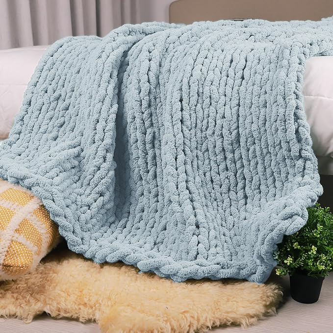 Carriediosa Chunky Knit Throw Blanket 50" X 60", 100% Hand Made Large Chenille Loop Yarn Soft Fluffy Throws for Couch Sofa Bed, Big Crochet Cozy Heavy Thick Cable Woven Blanket, Light Blue-Ruum Studio Home