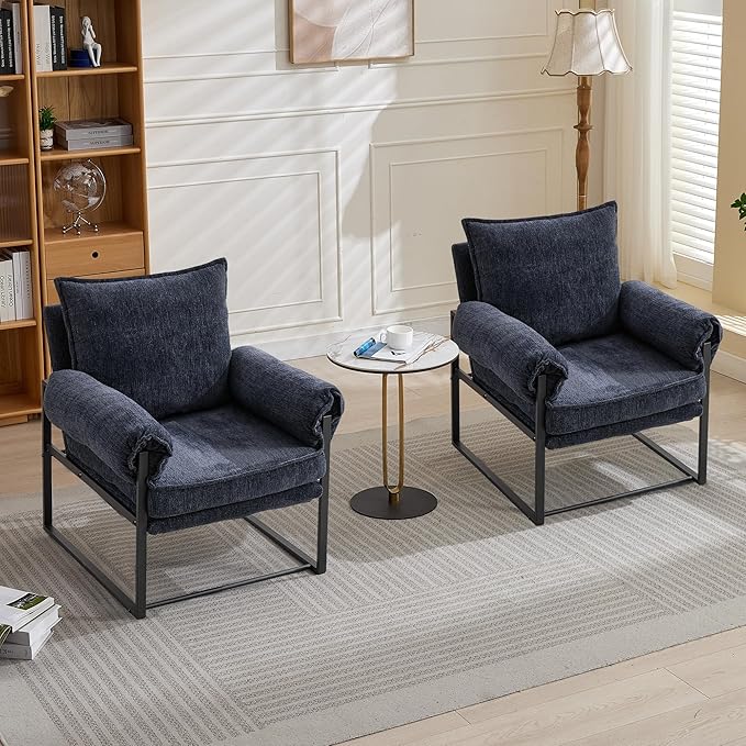 YISHENG Accent Chair with 6-Angle Adjustable Backrest, Chenille Fabric Living Room Chair Upholstered Lounge Chair, Modern Chair Cozy Reclining Chair for Reading Room, Set of 2 Dark Blue-Ruum Studio Home