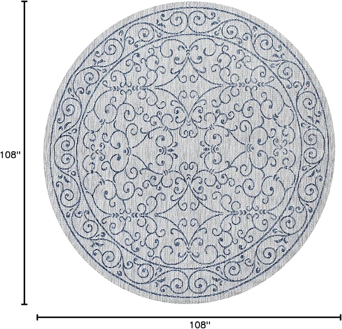 JONATHAN Y Vintage Filigree Indoor Outdoor Round Area Rug 9 Ft Gray/Navy, Charleston Textured Weave for Backyard, Patio, Porch, Easy-Cleaning, High Traffic, Pet-Friendly, Non-Shedding (SMB106C-9R)-Ruum Studio Home